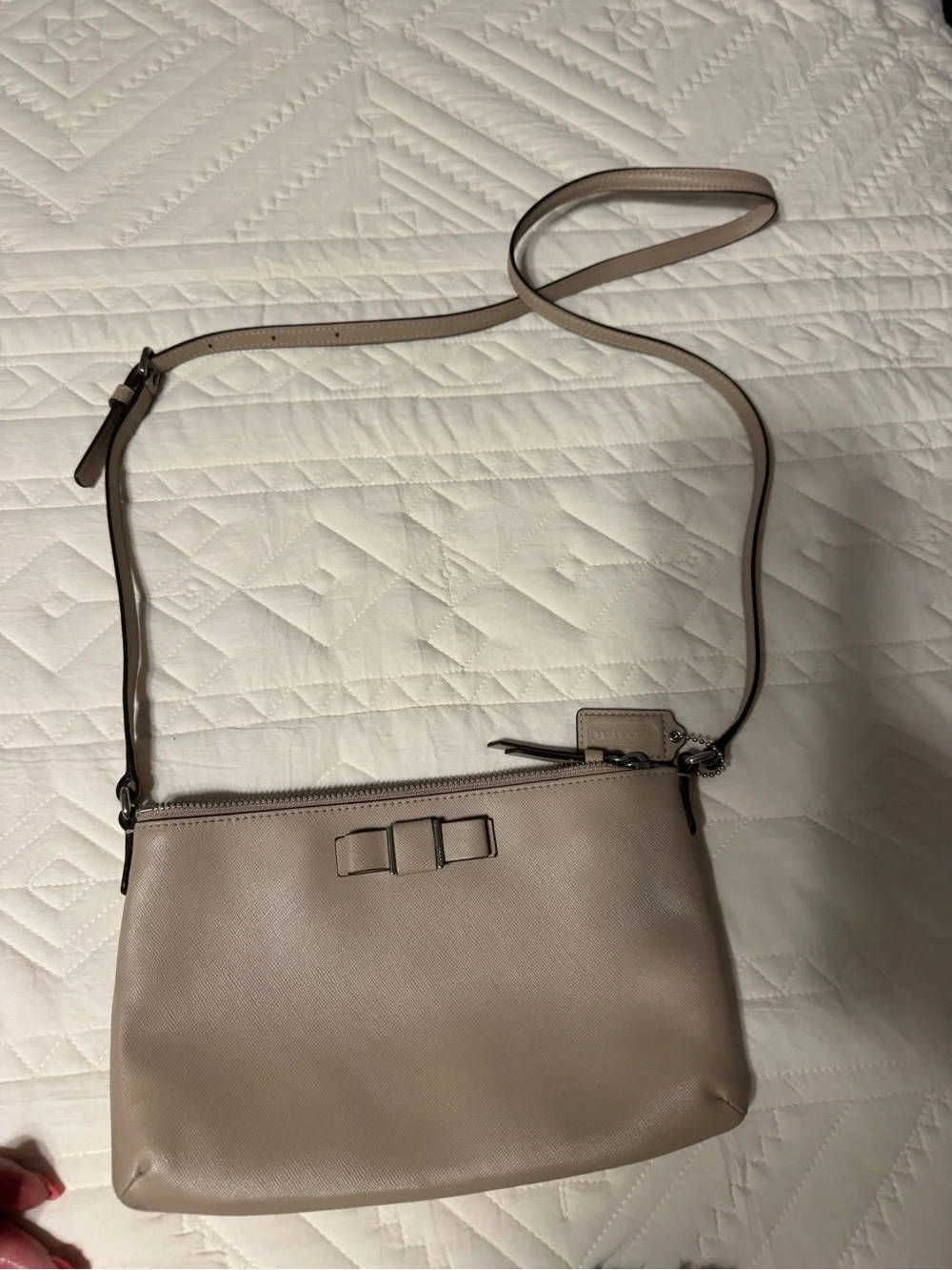 kate spade Taupe Leather Crossbody Bag with Bow Accent